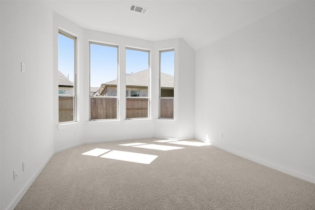 additional living space with carpet flooring, visible vents, baseboards, and a healthy amount of sunlight
