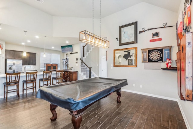 playroom with high vaulted ceiling, dark hardwood / wood-style flooring, and pool table