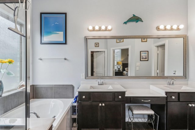 bathroom with vanity and a bath