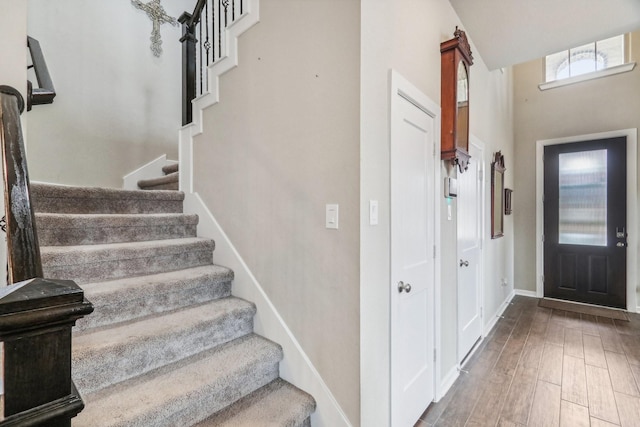 foyer featuring a high ceiling and hardwood / wood-style flooring