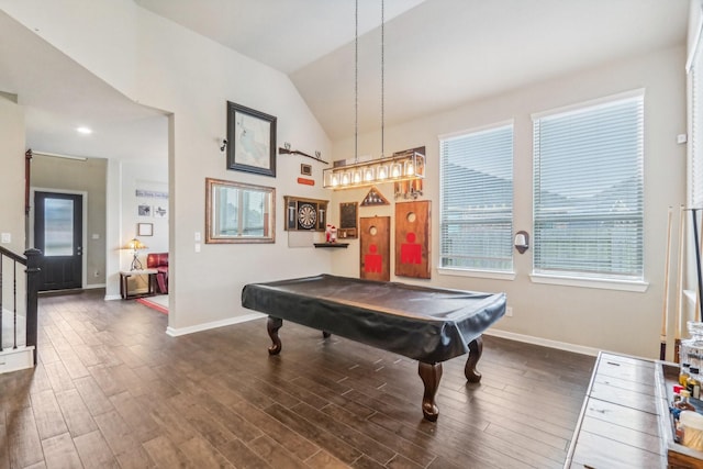 rec room with dark hardwood / wood-style floors, lofted ceiling, and billiards