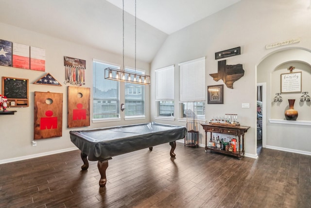 rec room with a wealth of natural light, dark hardwood / wood-style flooring, lofted ceiling, and pool table