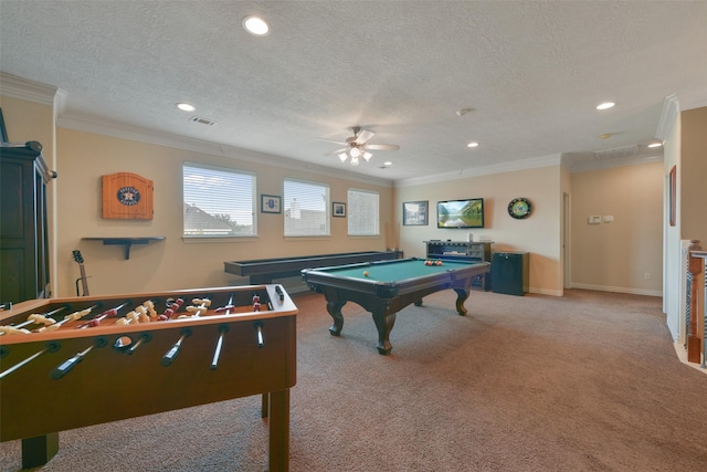 game room with crown molding, billiards, ceiling fan, a textured ceiling, and carpet floors