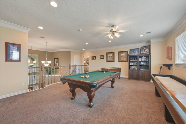 game room featuring carpet flooring, ceiling fan with notable chandelier, ornamental molding, and billiards