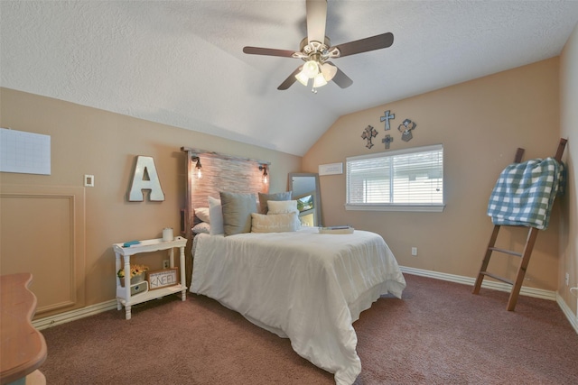 bedroom featuring carpet flooring, ceiling fan, lofted ceiling, and a textured ceiling