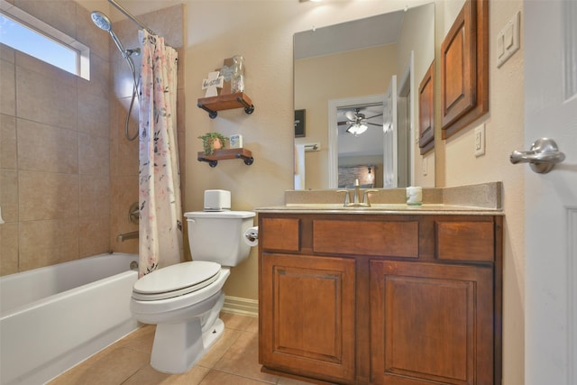 full bathroom with shower / bath combo, vanity, tile patterned flooring, ceiling fan, and toilet