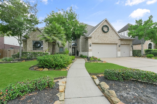 view of front of property with a front yard and a garage