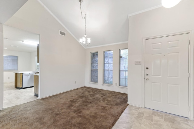 entrance foyer with a notable chandelier, crown molding, light carpet, and high vaulted ceiling