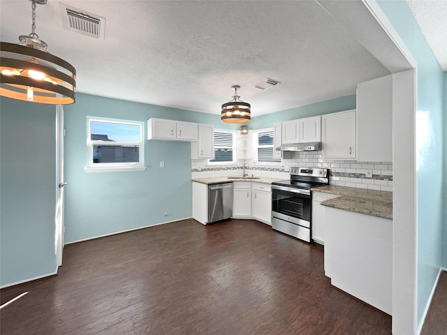 kitchen with white cabinets, appliances with stainless steel finishes, plenty of natural light, and hanging light fixtures