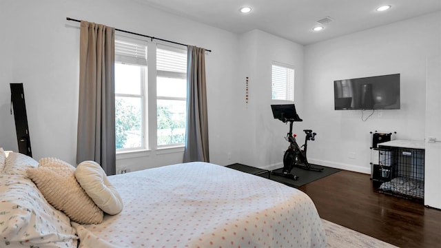 bedroom featuring dark hardwood / wood-style floors and multiple windows