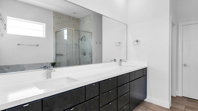 bathroom featuring vanity, hardwood / wood-style flooring, and an enclosed shower