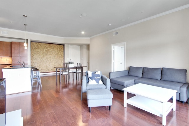 living room featuring dark hardwood / wood-style flooring, ornamental molding, and sink