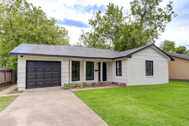 ranch-style house with a porch, a garage, and a front lawn