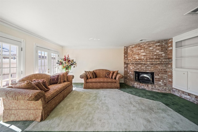 carpeted living room with built in features and ornamental molding