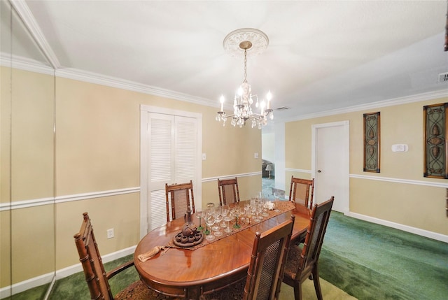 carpeted dining area featuring a notable chandelier and ornamental molding