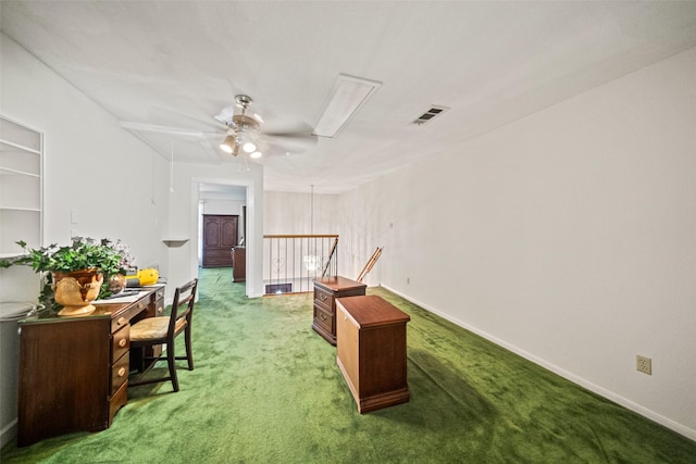 interior space featuring ceiling fan and carpet