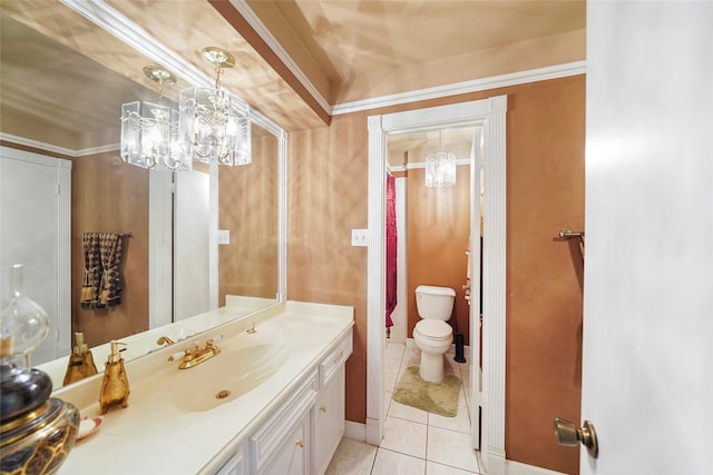 bathroom featuring tile patterned flooring, a notable chandelier, crown molding, toilet, and vanity