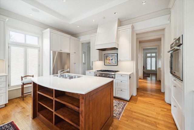 kitchen featuring sink, white cabinetry, stainless steel appliances, custom range hood, and a center island with sink