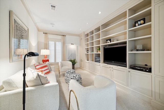 carpeted living room with crown molding and built in features