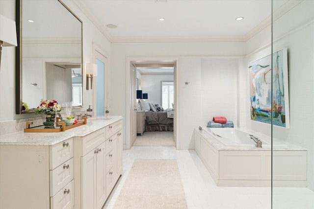 bathroom featuring vanity, a bath, tile patterned flooring, and crown molding