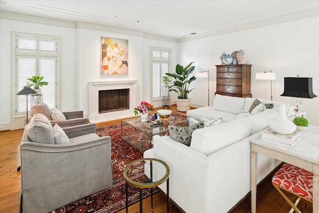 living room featuring a wealth of natural light, ornamental molding, hardwood / wood-style floors, and a fireplace