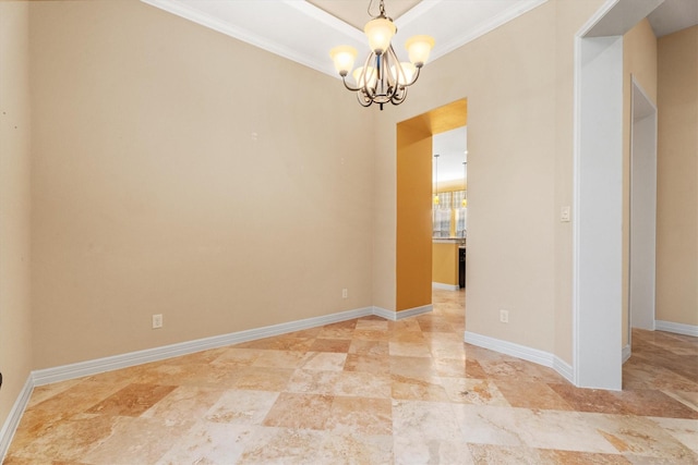 unfurnished room featuring crown molding and an inviting chandelier