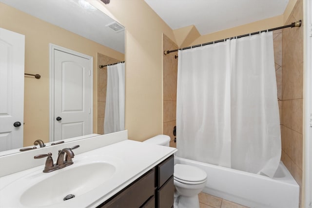 full bathroom with tile patterned floors, shower / bathtub combination with curtain, vanity, and toilet