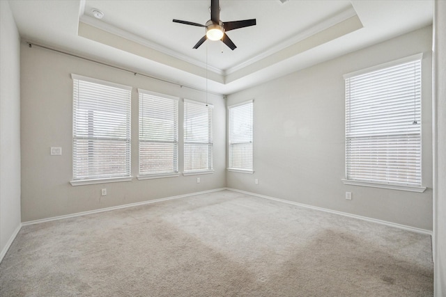 carpeted spare room with a healthy amount of sunlight, a raised ceiling, and crown molding