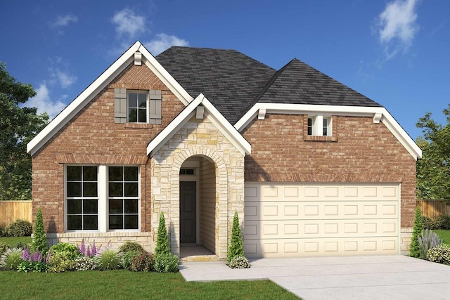 view of front of property with brick siding, fence, a garage, stone siding, and driveway