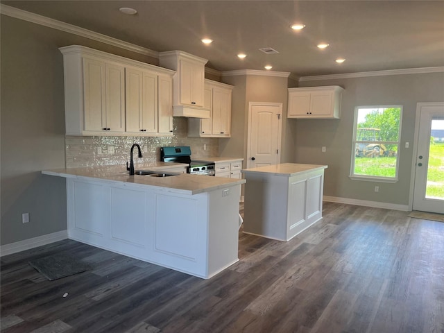 643 Longhorn Trl, Angleton, TX 77515 - kitchen featuring stainless steel electric range, tasteful backsplash, white cabinetry, dark wood-type flooring, and light countertops