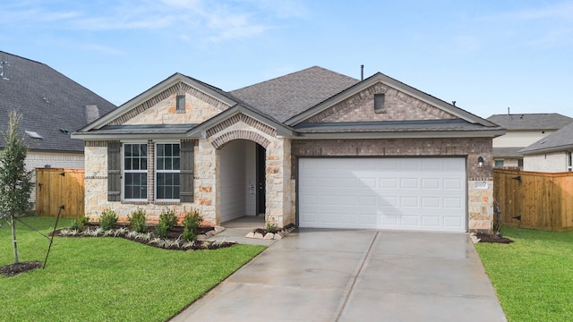 view of front of property featuring a front yard and a garage