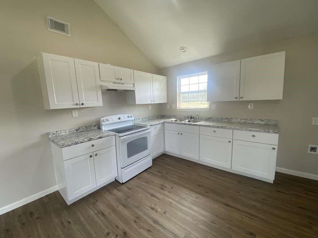 kitchen with dark hardwood / wood-style flooring, white cabinetry, white range with electric cooktop, and sink