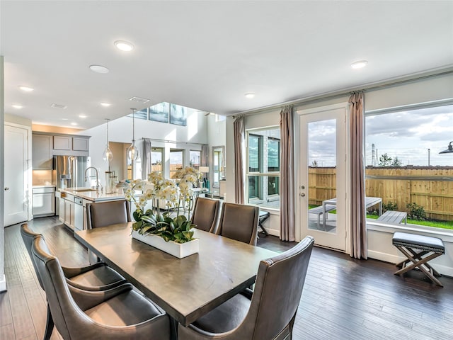 dining area featuring sink and dark hardwood / wood-style floors