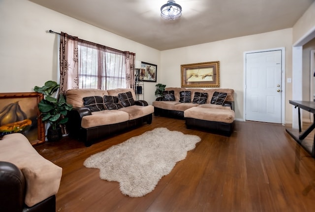 living room with dark hardwood / wood-style flooring