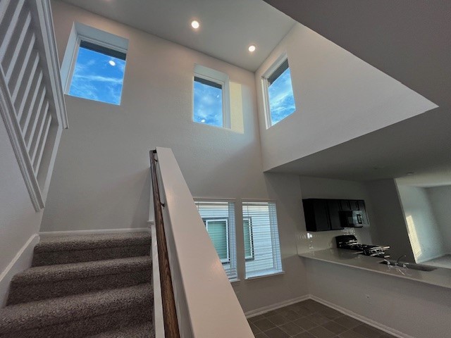 staircase featuring a wealth of natural light and sink