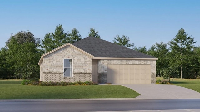 ranch-style home featuring a front lawn and a garage