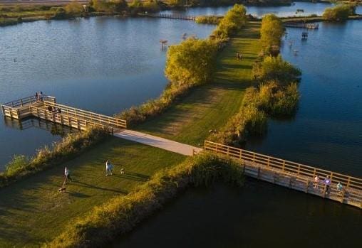 drone / aerial view with a water view