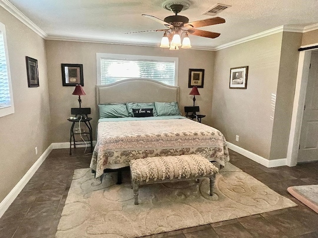 bedroom with ceiling fan and ornamental molding