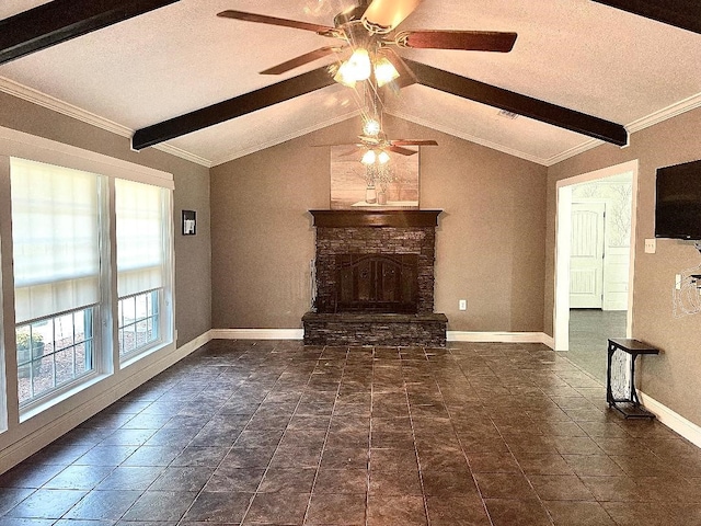 unfurnished living room with vaulted ceiling with beams, a stone fireplace, and ornamental molding