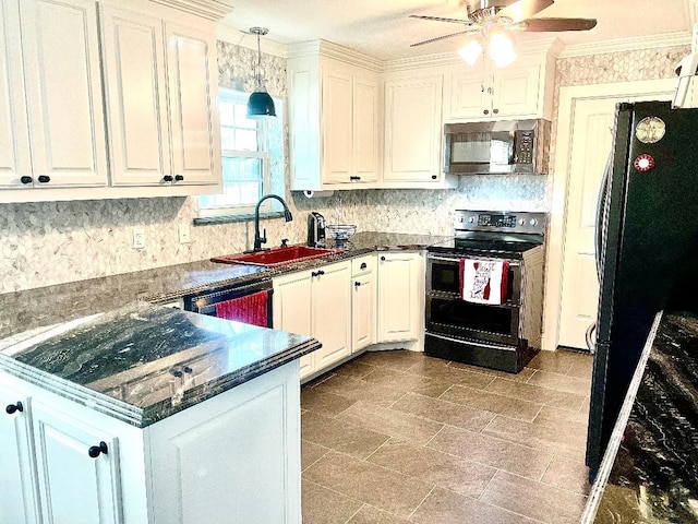 kitchen featuring black appliances, crown molding, white cabinetry, and sink