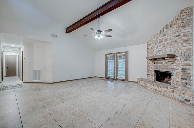 unfurnished living room featuring beam ceiling, light tile patterned floors, a brick fireplace, and ceiling fan