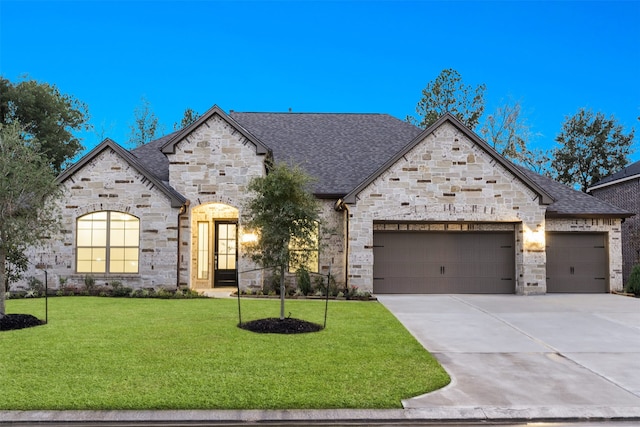 french country style house featuring a garage and a front lawn