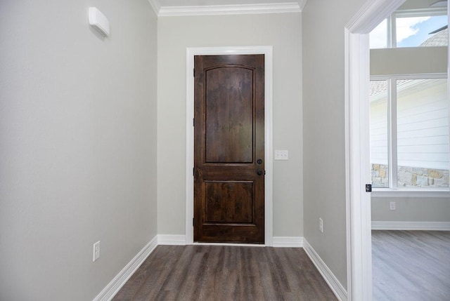 doorway to outside featuring hardwood / wood-style flooring and crown molding