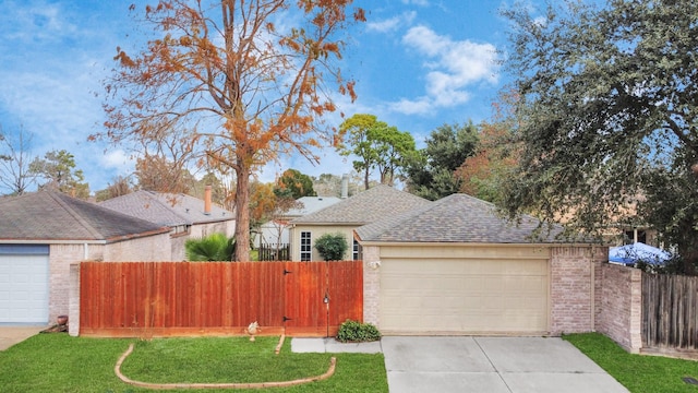 single story home with a garage and a front lawn