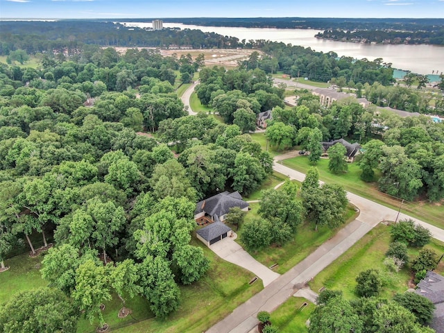 bird's eye view with a water view