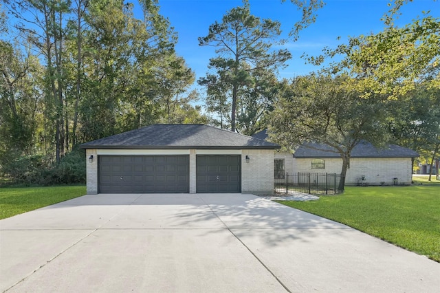 view of front of home with a front yard and a garage