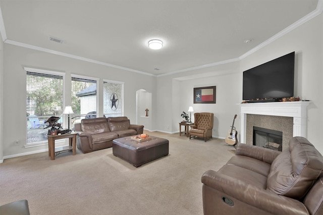 carpeted living room featuring crown molding