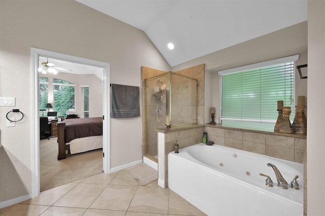 bathroom with tile patterned floors, separate shower and tub, vaulted ceiling, and ceiling fan