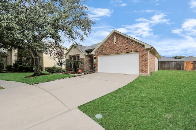 view of front of home with a front yard and a garage