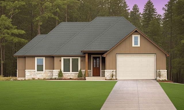 craftsman inspired home featuring a garage and a lawn